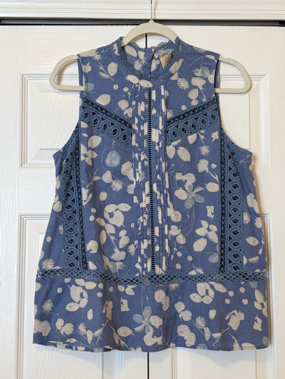 Anthropologie Blue Floral Sleeveless Crochet Trim Top